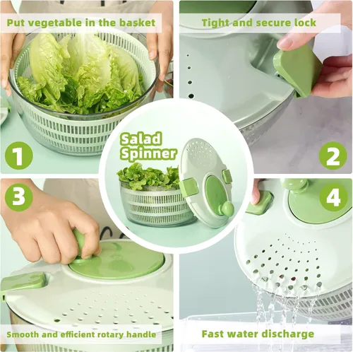 Vista 3 de Spinner de ensalada – Spinner de ensalada verde grande – 4.2L giratorio de lechuga para lavado de verduras, secadora de lechuga con drenaje, cuenco