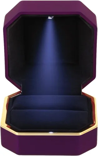 Vista 3 de Caja de anillo de compromiso de propuesta de terciopelo de forma cuadrada Caja de regalo de moneda de joyería de luz LED (morado)