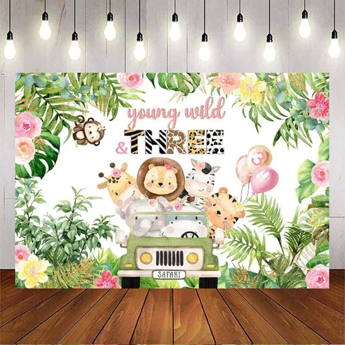 Vista 8 de Avezano Fondo de 3 cumpleaños de animales salvajes y tres jóvenes salvajes y tres decoraciones para fiestas de cumpleaños (verde, 7 x 5 pies)