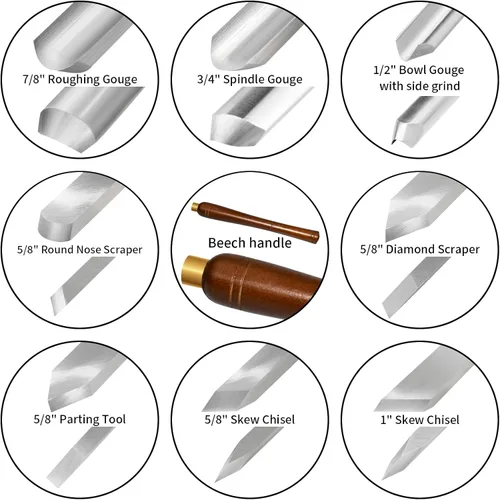 Vista 3 de Juego de 8 piezas de herramientas de torneado de madera HSS con mango de haya Wood Turning Tools Include Roughing Gouge, Spindle Gouge,Diamond