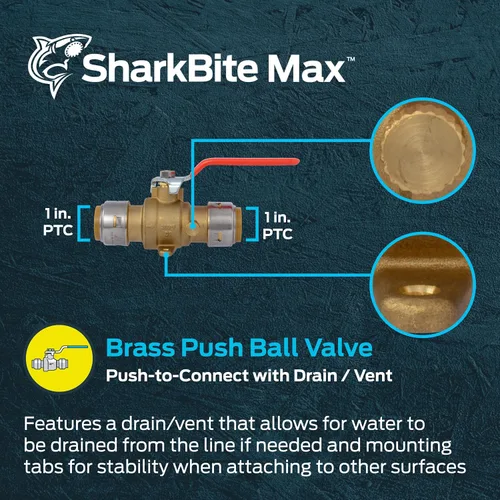 Vista 2 de SharkBite Válvula de bola máxima de 1 pulgada con ventilación de drenaje y pestaña de montaje, empuje para conectar, tubo PEX, cobre, CPVC, PE-RT