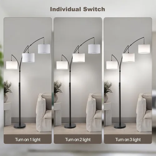 Vista 4 de Lámpara de pie con control remoto, lámparas de pie de arco de 3 luces para sala de estar, lámparas de pie altas de 2400 lm con pantallas blancas