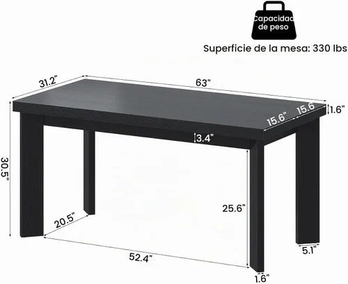 Vista 2 de Bigbiglife Mesa de comedor de 63 pulgadas para 6, mesa de comedor para interiores y exteriores con patas de madera, mesa de cocina con mesa grande