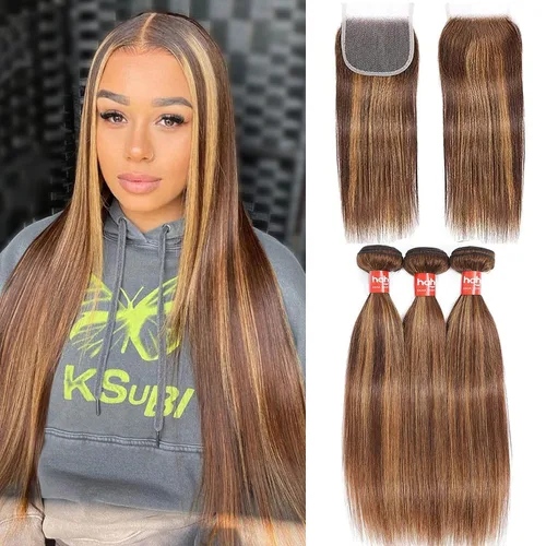 Vista 9 de Extensiones de cabello humano marrón con reflejos de Haha con cierre, extensiones lisas con cierre ombre, extensiones de cabello humano con cierre