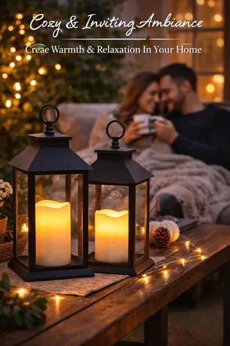 Vista 4 de Black Lanterns - Juego de 2 faroles decorativos con velas LED, decoración de faroles para exteriores e interiores, faroles de granja de 13 pulgadas