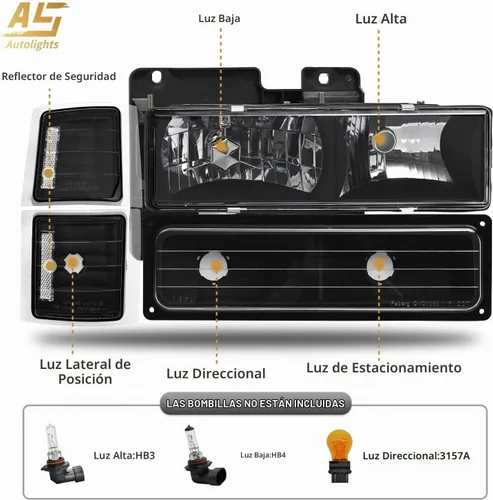 Vista 3 de [Usado] AS Conjunto de faros delanteros de reemplazo para 1994 1995 1996 1997 1998 Chevy Silverado/Tahoe/Suburban/C10 con carcasa negra, reflector