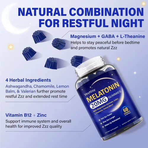 Vista 4 de Gomitas de melatonina de 20 mg para adultos, suplemento gomoso de melatonina de máxima fuerza con glicinato de magnesio, B6, B12, L-teanina, GABA
