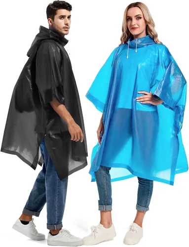 Vista 23 de Paquete de 2 ponchos de lluvia para adultos, reutilizables, impermeables, de supervivencia, emergencia, resistente, con capucha con cordón