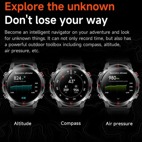 Vista 6 de Reloj inteligente impermeable para exteriores con pantalla de 1.46 pulgadas, GPS, linterna LED, brújula, batería de 540 mAh, más de 100 modos