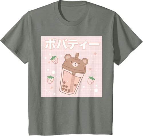 Vista 71 de Camiseta estética Kawaii con diseño de oso lindo y té con leche burbuja, talla S Blanco