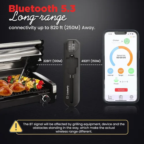 Vista 4 de Termómetro digital inalámbrico para carne, resistente al agua IP67, duración de la batería de 48 horas, termómetros de parrilla con rango de 820