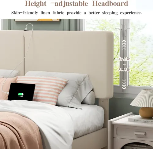 Vista 4 de VECELO Base de cama Queen con puertos tipo C y USB, plataforma tapizada de algodón y lino ajustable en altura ajustable, no necesita somier, sin