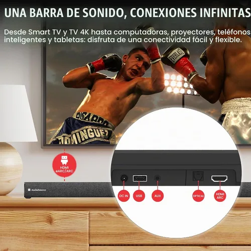 Vista 5 de Audiosource - Barra de sonido 2.1, subwoofer inalámbrico con Dolby Atmos, 120 W RMS y salida máxima de 240 W, diseño compacto, transmisión Bluetooth