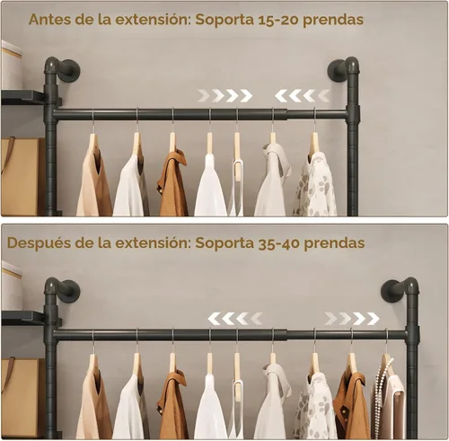 Vista 4 de T1 Sistema de Clóset Montado en Pared, Perchero de Ropa de Tubo Industrial con 6 Estantes de Madera y 4 Varillas Telescópicas, Organizadores de Negro