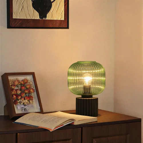 Vista 4 de EDISLIVE Lámpara de mesa pequeña de cristal verde de 7.87 pulgadas, moderna lámpara de noche con linterna vintage con pantalla de vidrio E26