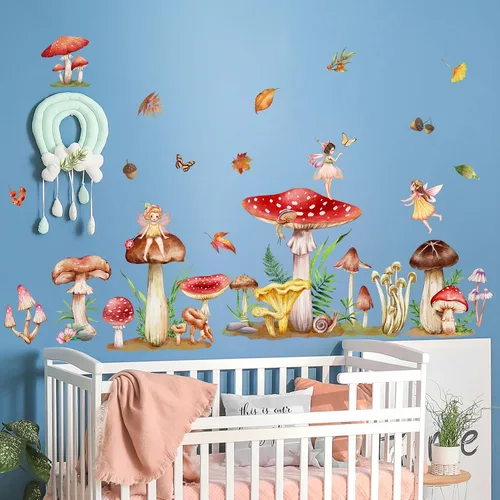 Vista 5 de Amaonm - Calcomanías de pared 3D removibles de dibujos animados coloridos de hongos elfos de princesa en ángulo murales para decoración