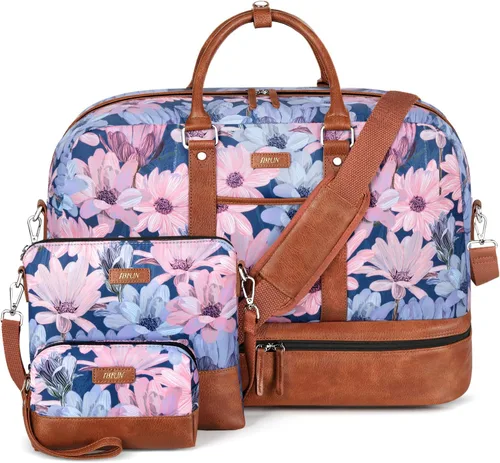 Vista 32 de IBFUN Bolsas de fin de semana para mujer, bolsa grande de lona para viaje, bolsa de viaje con compartimento para zapatos, 21 pulgadas, juego de 3