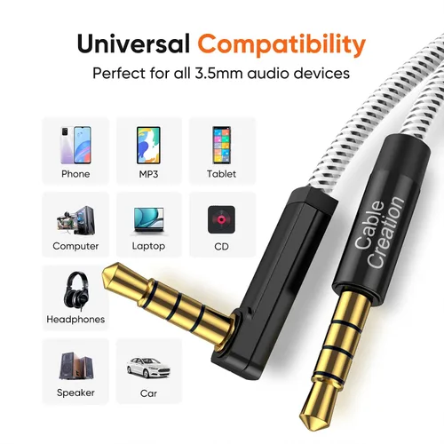 Vista 3 de CableCreation - Cable de audio de 0.138 in TRRS, ángulo recto de 90 grados, macho a macho, cable auxiliar estéreo para automóvil de 4 polos