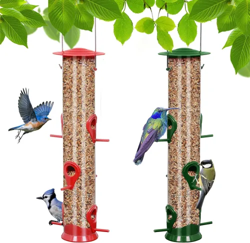 Vista 8 de 2 paquetes de comederos para pájaros verdes, comederos colgantes de tubo, comederos para pájaros salvajes de 6 puertos, comederos premium de Verde 2