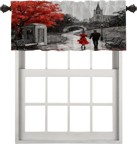Vista 110 de Cortinas opacas de cocina con pintura al óleo de Europa rosa y negra para ventanas, cenefas opacas modernas de torre Eiffel de poliéster multicapa
