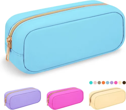 Vista 31 de Iqimott Bolsa Grande de Maquillaje de Nylon, Neceser de Viaje, Bolsa Grande de Cosméticos Preppy, Organizador de Maquillaje de Nylon, Bolsa de Beige