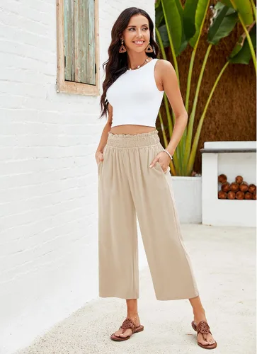 Vista 5 de GRAPENT Pantalones capri de pierna ancha con cintura elástica para mujer