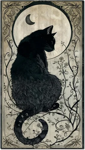 Vista 6 de Letrero colgante retro de Halloween en madera, arte de pared gótico de gato negro y luna con 2 ganchos en la parte posterior, obra de arte
