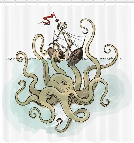 Vista 2 de Ambesonne Kraken - Cortina de ducha, pulpo hundiendo los barcos pirata, mito griego, cultura de peces, imagen artística de dibujos animados, juego