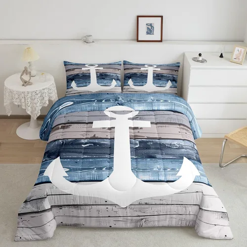 Vista 20 de Juego de edredón de brújula azul marino, tamaño individual, 2 piezas, diseño náutico de vela, estilo simple, para niños, adolescentes, adultos