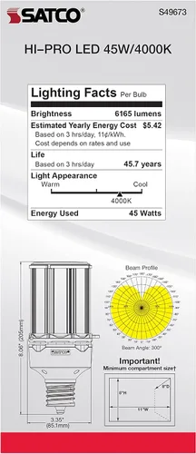 Vista 8 de Satco S49673 - Bombilla LED HID de mazorca de maíz, base extendida Mogul, 45 W, clasificación de 35000 horas, 6165 L, blanco frío 6,165 lumens