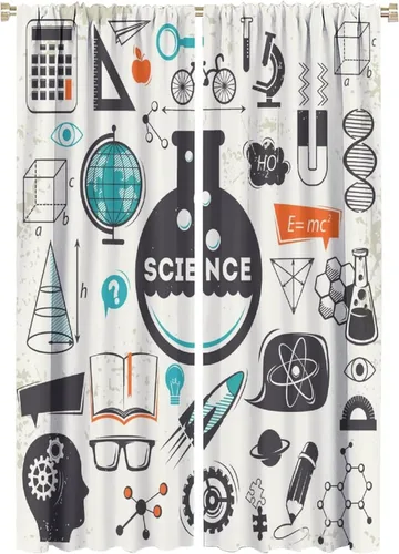 Vista 54 de Cortinas opacas para ventanas de ciencia para niños, lupa de libro de laboratorio de ciencia, lupa, frascos moleculares, cortinas impresas