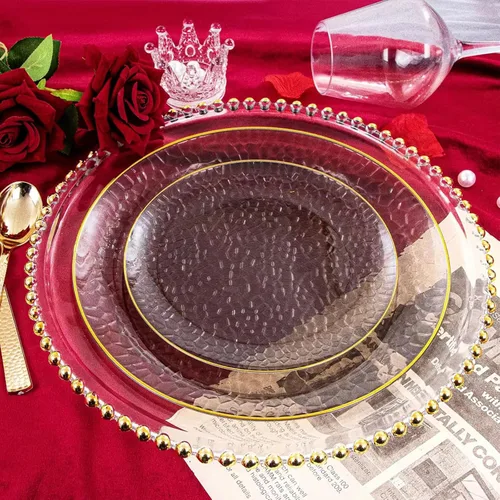 Vista 5 de Hioasis 60 piezas de platos de plástico negro - Juego de vajilla desechable con borde dorado, martillado, resistente, adecuado para 30 invitados