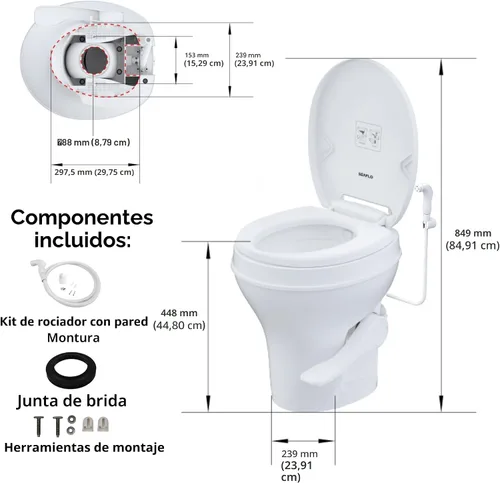 Vista 13 de SEAFLO Inodoro de altura residencial para cámper o caravana con accesorio rociador, altura estándar de 18.5 pulgadas, sistema de descarga por