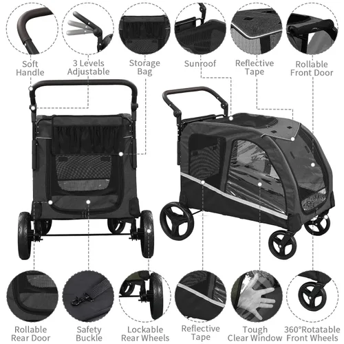 Vista 4 de Cochecito para perros grandes, cochecito extra grande para mascotas para perros medianos, carrito para perros, diseño plegable, asa ajustable