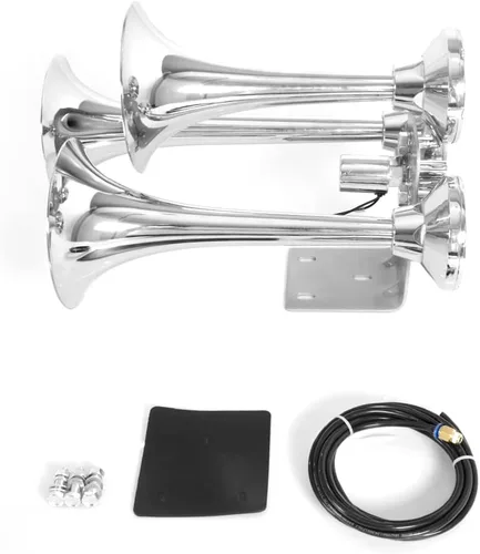 Vista 3 de Bocina de tren para camión, 12V/24V, grandes bocinas de aire cromadas de 150 dB, 3 trompetas, bocina fuerte para camión, coche, tren y barco