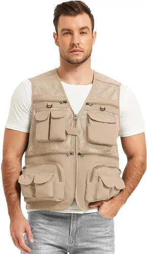 Vista 3 de Chaleco Flygo para hombre, para pesca, trabajo, safari, viaje de reportajes o para actividades al aire libre en verano, con bolsillos
