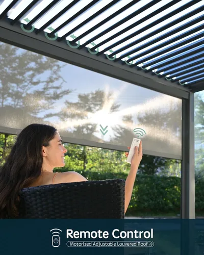 Vista 2 de Yoolax - Pérgola con listones motorizada solar de 10x13 pies con control remoto, pérgola eléctrica de aluminio retráctil con luz LED, sensor