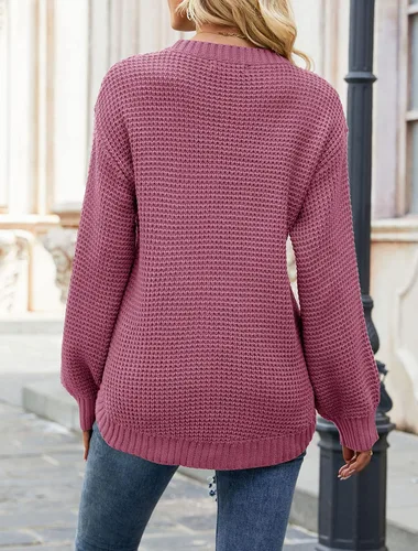 Vista 4 de MEROKEETY Suéter de punto gofre para otoño 2024 para mujer, estilo casual, manga globo, holgado, sin botones