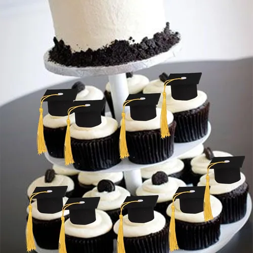 Vista 4 de Paquete de 24 adornos de graduación 3D 2024 para cupcakes 2024 con borlas doradas para fiestas temáticas de graduación 2024, suministros