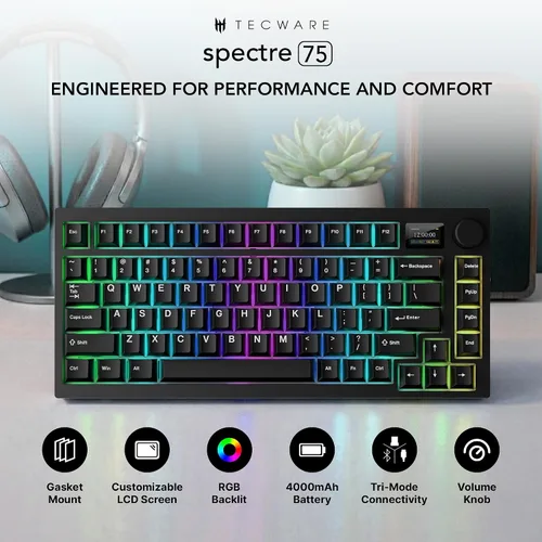 Vista 2 de TECWARE Teclado mecánico para juegos Spectre 75 Pantalla LCD personalizable y perilla Bluetooth inalámbrico de tres modos de 2.4 GHz Montaje