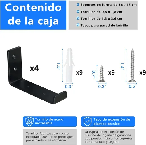 Vista 3 de HEART ART Soporte de estante negro de 6 pulgadas, paquete de 4 soportes de estante de metal J resistentes, 6.3" L×4.8" H×1.2" W