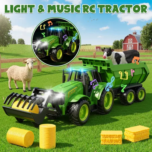 Vista 4 de Funwee Juego de juguete de tractor de granja RC con cargador, remolque y Verde brillante