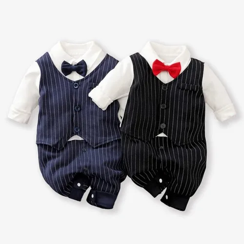 Vista 2 de PATPAT Mameluco de caballero para bebés y niños con pajarita para recién nacido, traje formal para bebé, ropa para recién nacido-12 meses