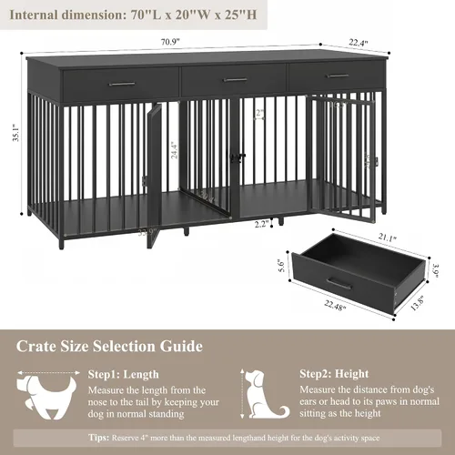 Vista 4 de HOSTACK - Jaula doble para perros, 71 pulgadas de ancho, muebles de interior para 2 perros, color negro 3 Drawers for Easy Storage, Heavy-Duty