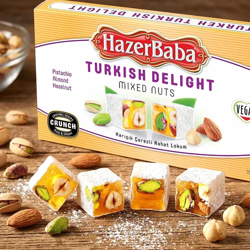 Vista 5 de Hazer Baba Delicias Turcas, Caja de bocadillos gourmet con nueces mixtas y sabor a vainilla, bocadillo tradicional vegano, Lokum turco, dulces