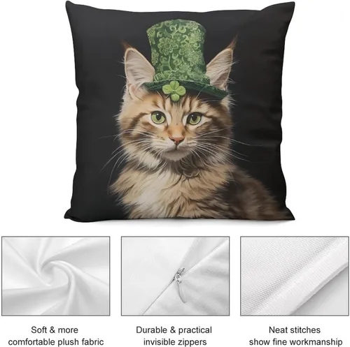 Vista 6 de Fundas de almohada de granja con diseño de feliz día de San Patricio con un gato en un sombrero de trébol, fundas de almohada de terciopelo