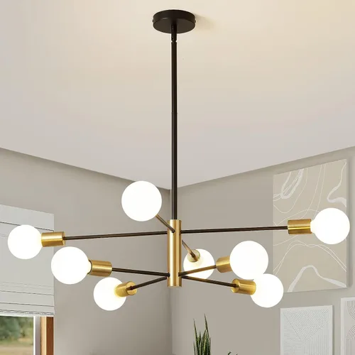 Vista 9 de Candelabro Sputnik MOUFIER, lámpara de techo en negro y dorado, altura ajustable, E27, iluminación moderna de techo, lámpara para sala de estar, 5