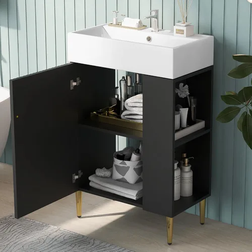 Vista 3 de LUMISOL Mueble de baño pequeño de 21.6 pulgadas con fregadero, tocador de baño estrecho con una puerta y almacenamiento lateral derecho, armario