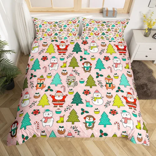 Vista 36 de Juego de funda de edredón con diseño de ciervo de cabaña, tamaño twin, juego de ropa de cama rústica de tablón de madera de árbol de Navidad