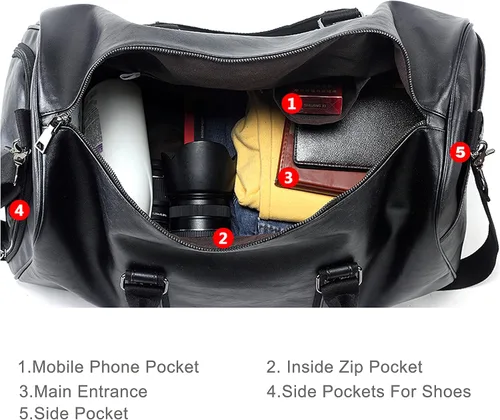 Vista 2 de Bolsa de viaje de cuero con bolsa para zapatos, bolsa impermeable para fin de semana, bolsa de lona de mano para hombres y mujeres, color negro